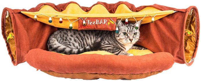 Cat Tunnel Toy Bed with Cushion Mat with Pop up Collapsible 2 Way Tube and Scratching Ball Interactive Toy Peak Hole Hideout House for Cat Puppy Kitte (Color: brown)